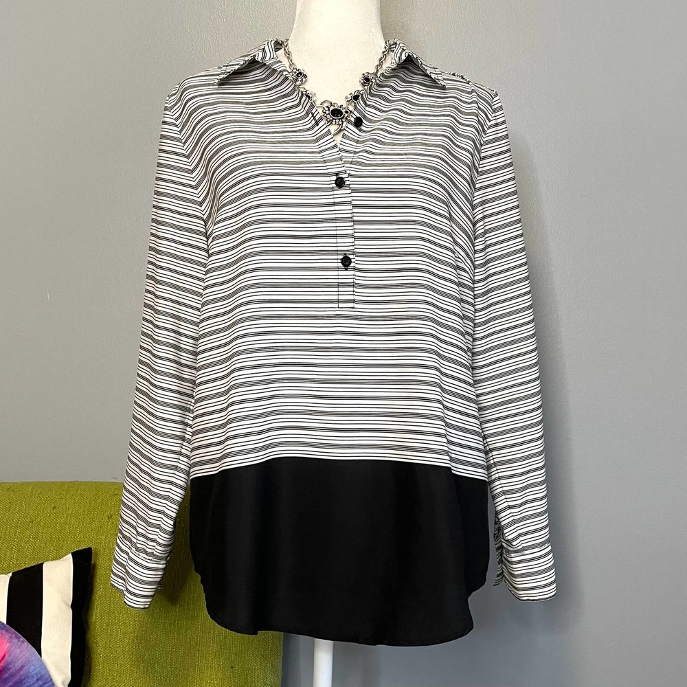Chicos Black White Striped Half Button Down Blouse Top 1 Medium